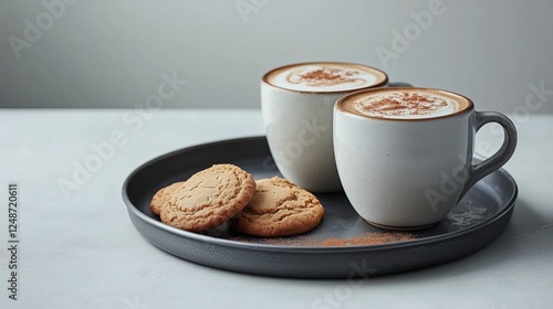 Enjoying coffee and cookies on a simple grey tray during a quiet afternoon
