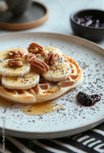 Delicious waffles topped with bananas, nuts, and syrup served on a modern plate