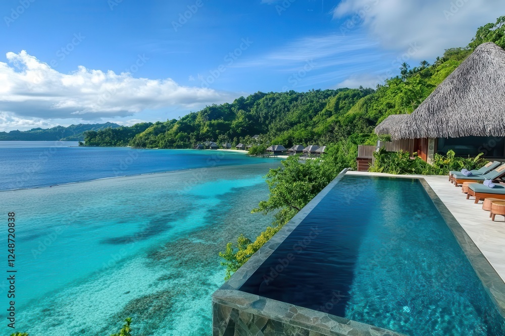 infinity pool overlooking turquoise ocean, luxury overwater bungalows, drone perspective, paradise setting infinity pool overlooking turquoise ocean, luxury overwater bungalows, drone perspective, paradise setting