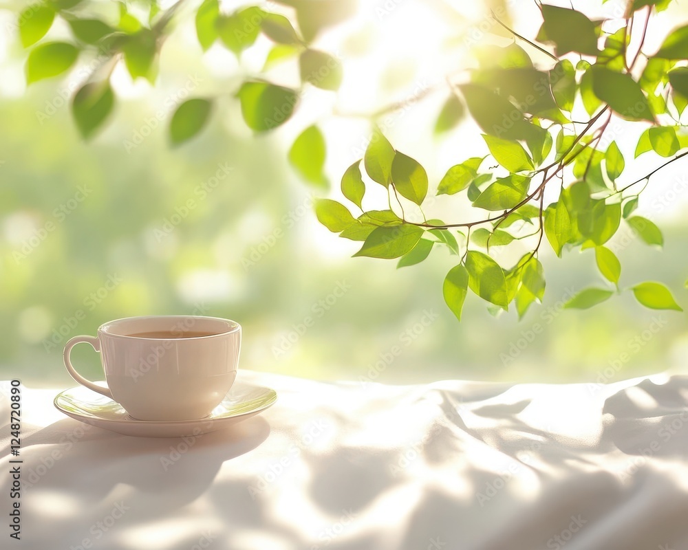 A serene scene featuring a white cup of tea surrounded by lush green leaves, capturing calmness and tranquility in nature. A serene scene featuring a white cup of tea surrounded by lush green leaves, capturing calmness and tranquility in nature.