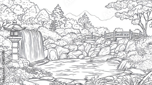 Wallpaper Mural Serene Japanese garden waterfall, bridge, pond, mountains. Coloring book page Torontodigital.ca