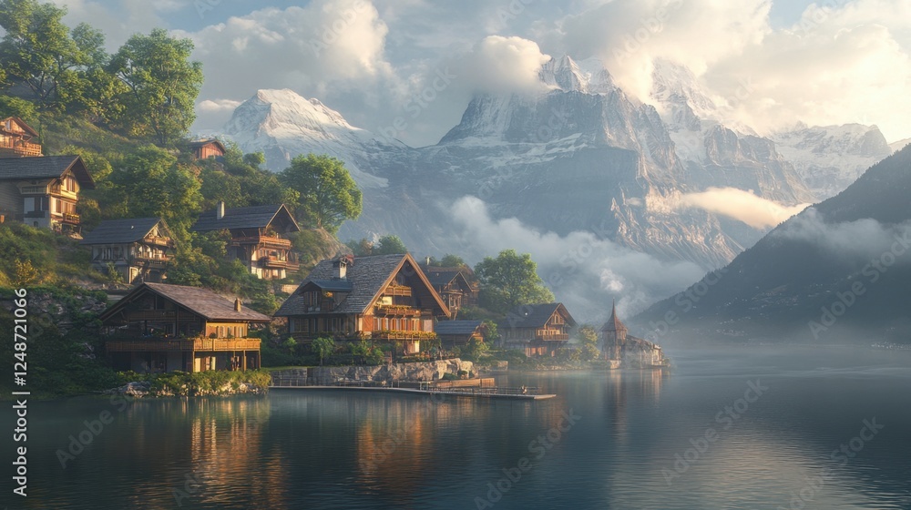 Fototapeta premium A peaceful early morning scene of the serene lake of Oeschinen in the Swiss Alps, surrounded by dramatic mountains.