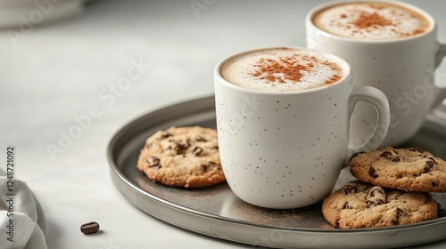 Cozy coffee and cookie pairing on a silver tray with a calm atmosphere