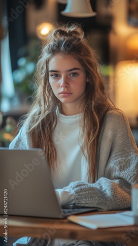 Young woman working on laptop in cozy indoor setting during day