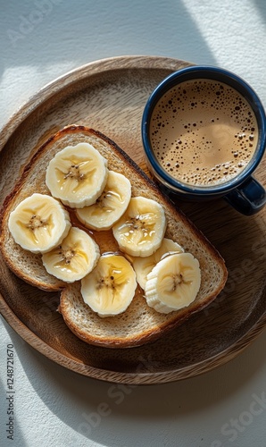 Delicious banana toast with coffee on a wooden plate in morning light