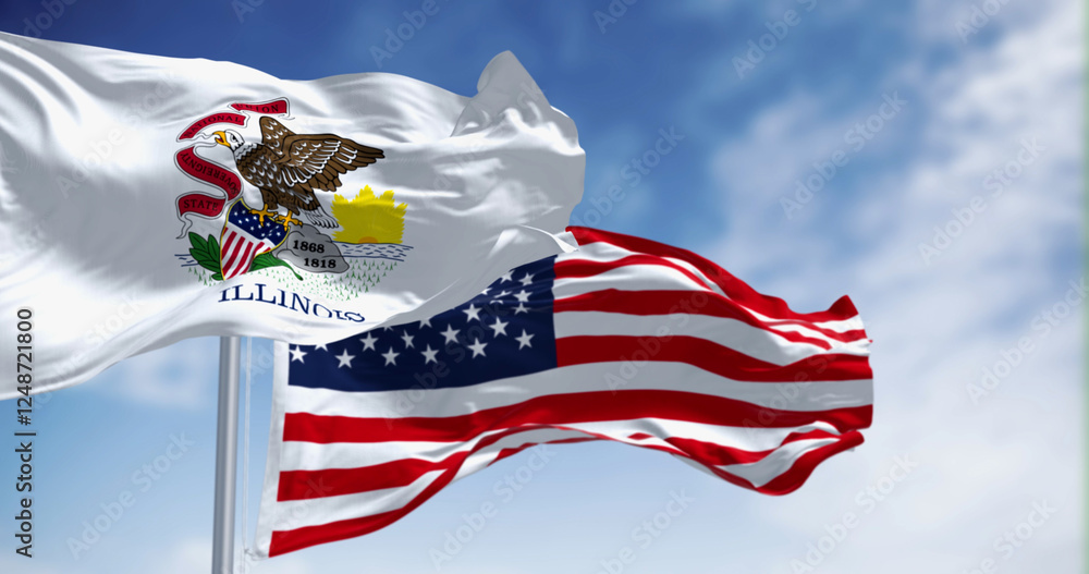 Naklejka premium Illinois and United States flags waving in the wind on a clear day