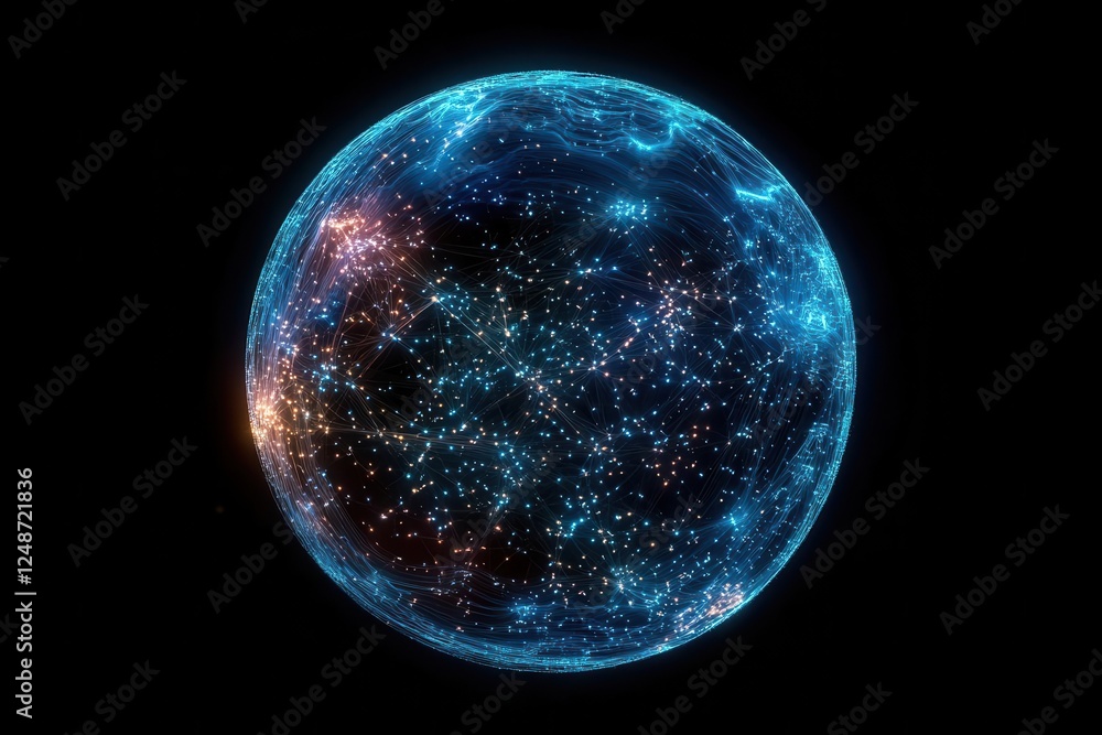 Fototapeta premium interconnected global network visualization with glowing connection points spanning continents, dynamic 3d sphere with data streams in deep space