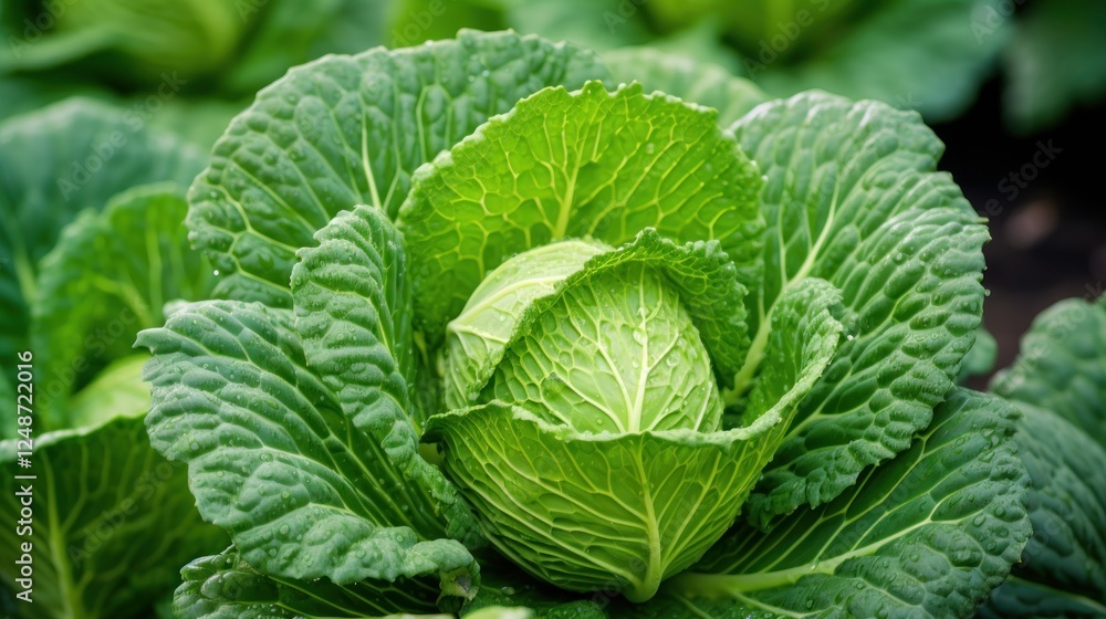 Close-up of vibrant green cabbage growing in a garden setting Close-up of vibrant green cabbage growing in a garden setting