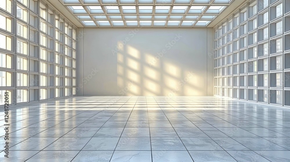 Sunlit Modern Architecture: An Empty White Room with Geometric Windows and Expansive Space Sunlit Modern Architecture: An Empty White Room with Geometric Windows and Expansive Space