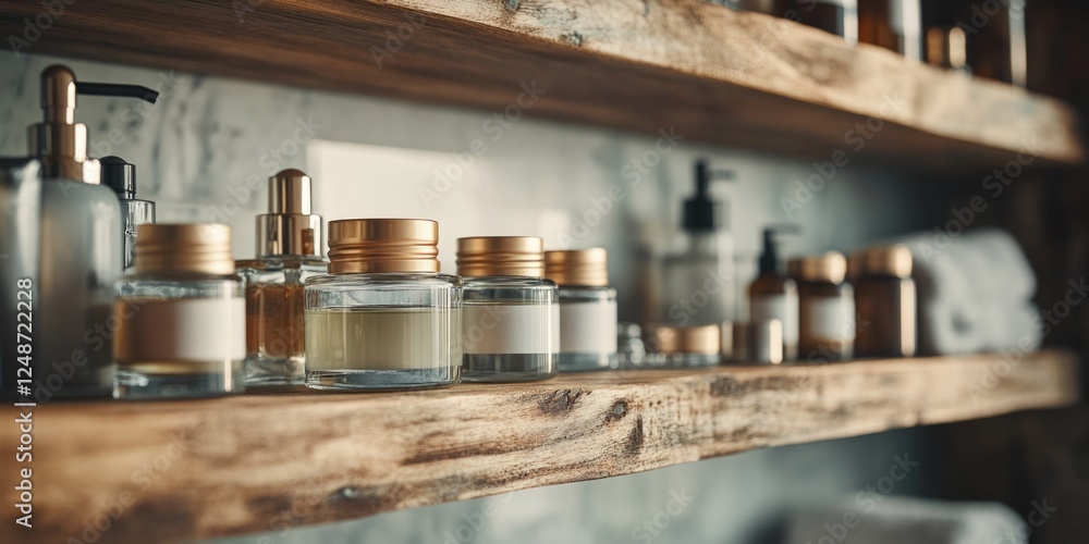 A wooden shelf filled with various bottles and soaps, great for bathroom or kitchen decor A wooden shelf filled with various bottles and soaps, great for bathroom or kitchen decor