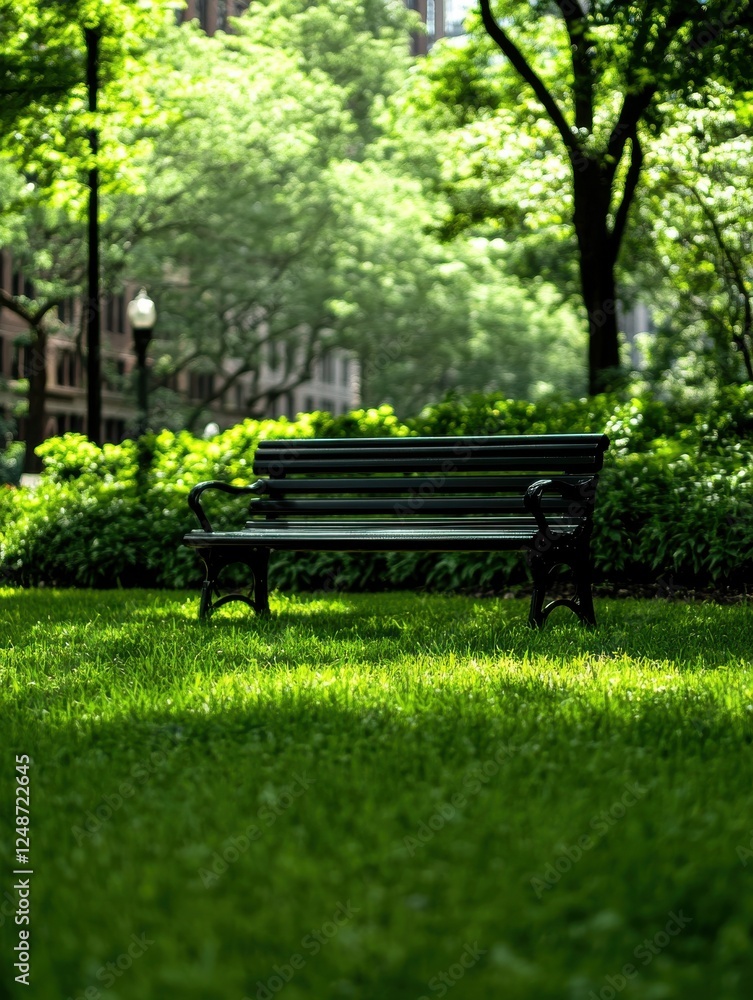 A tranquil park scene featuring a solitary bench surrounded by lush green grass and vibrant trees, perfect for relaxation. A tranquil park scene featuring a solitary bench surrounded by lush green grass and vibrant trees, perfect for relaxation.