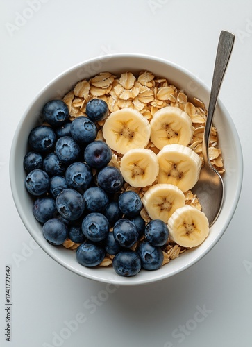 Healthy breakfast bowl with oats, blueberries, and banana slices on a white b...