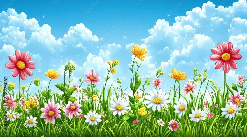 Bright and Vibrant Spring Meadow Illustration with Colorful Flowers against a Clear Blue Sky and Fluffy Clouds, Perfect for Seasonal Projects Bright and Vibrant Spring Meadow Illustration with Colorful Flowers against a Clear Blue Sky and Fluffy Clouds, Perfect for Seasonal Projects