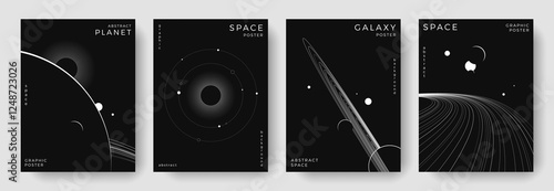 Set of abstract space astronomy backgrounds. Line art galaxy, solar system, planet, black hole. Science future concept. Cosmic minimalist design for cover, poster, layout, banner, flyer, brochure