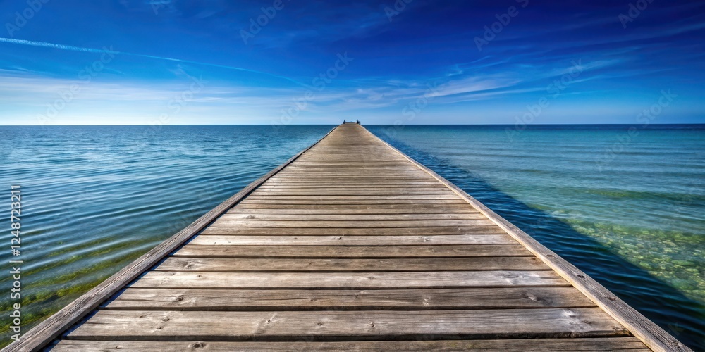 Wooden pier stretching into ocean with clear blue sky above, wooden planks weathered to silvery gray, wood, sky,  wood, sky