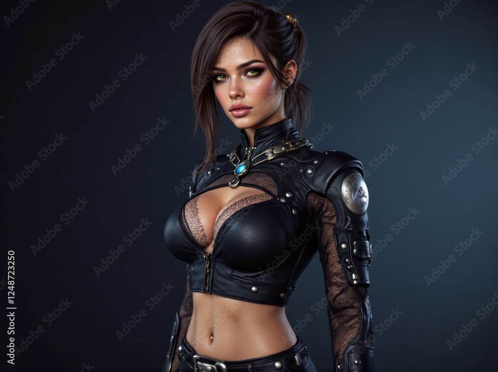 Stunning woman in a fitted leather outfit and intricate armor, posing confidently against a dark, moody background Stunning woman in a fitted leather outfit and intricate armor, posing confidently against a dark, moody background