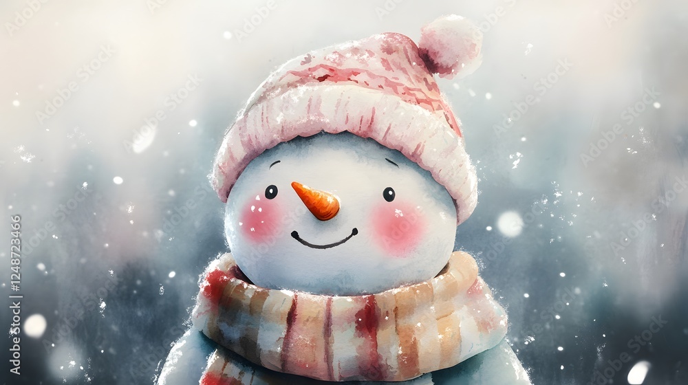 Fototapeta premium Charming artistic snowman with a pink hat and striped scarf
