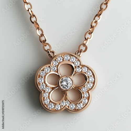 Elegant floral pendant necklace with diamonds on a golden chain displayed on ...