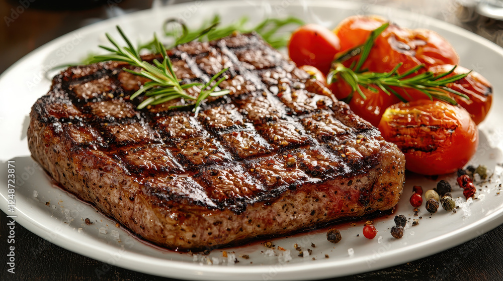 Perfectly grilled steak with aromatic herbs and vibrant roasted tomatoes on a gourmet plate in warm, cinematic lighting Perfectly grilled steak with aromatic herbs and vibrant roasted tomatoes on a gourmet plate in warm, cinematic lighting