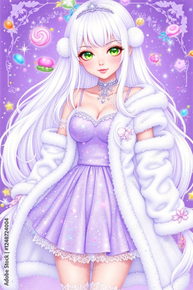 Beautiful animated girl with long white hair in a purple dress and fluffy coat, surrounded by colorful sweets and treats Beautiful animated girl with long white hair in a purple dress and fluffy coat, surrounded by colorful sweets and treats