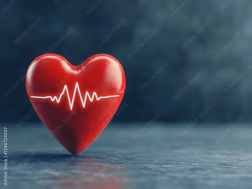 Fototapeta premium A vibrant red heart symbol with a heartbeat line, representing love and health, against a dark backdrop.