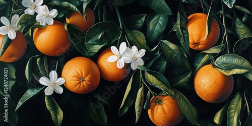 Oranges and white flowers growing on dark green leaves under soft natural lig...