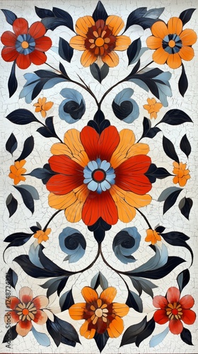 Colorful floral mural with intricate design on textured background in artisti...
