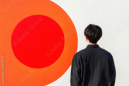 man looking at abstract art on a wall