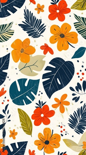 Colorful floral pattern featuring vibrant leaves and blossoms on a light back...