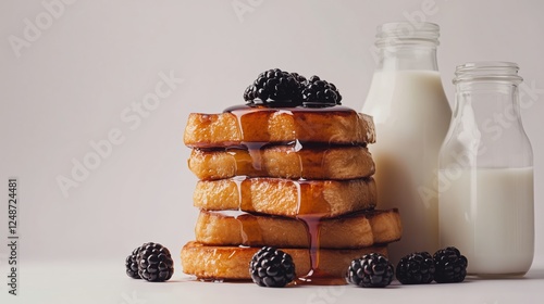 Fluffy stacked french toast with syrup and blackberries beside milk bottles