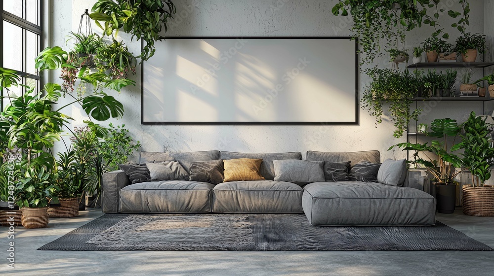 Obraz premium Modern Living Room Interior Design with Gray Sofa and Lush Greenery. Peaceful and Elegant Home Decor Style
