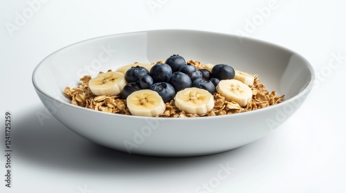 Healthy breakfast bowl with granola, banana slices, and blueberries in a mini...