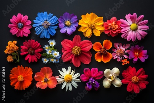 Colorful arrangement of various flowers on a dark background showcasing natur...