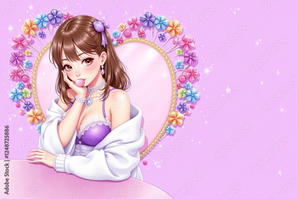 Cute animated girl smiling playfully in a colorful heart-themed setting with floral accents Cute animated girl smiling playfully in a colorful heart-themed setting with floral accents
