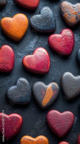 Colorful handmade heart-shaped stones arranged on a dark surface for decorati...