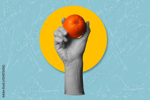 Modern art collage hand holding orange. Proper nutrition