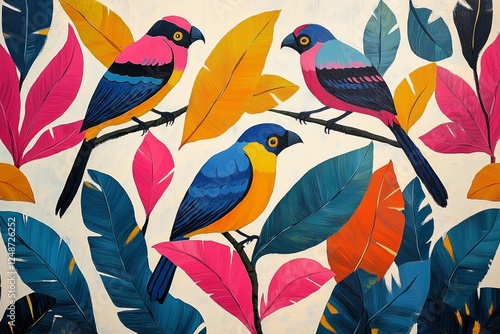 Vibrant tropical birds perched among colorful leaves in artistic display