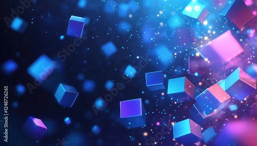 Glowing Cubes Abstract 3D Animation: Neon Colors, Shimmering Particles, Dynamic Movement, Futuristic Design, Vivid Hues