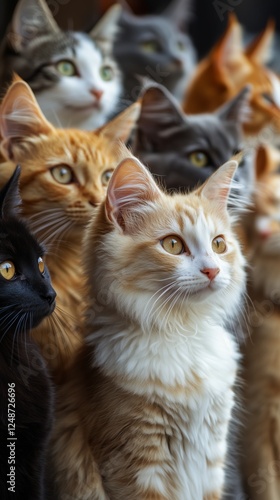 Group of cats with varied colors and expressions gathered together