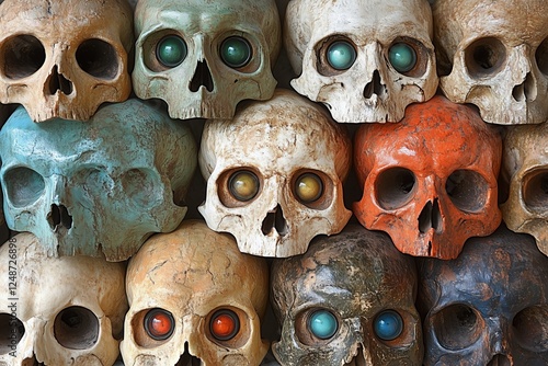 Unique collection of decorative skulls in various colors and textures display...