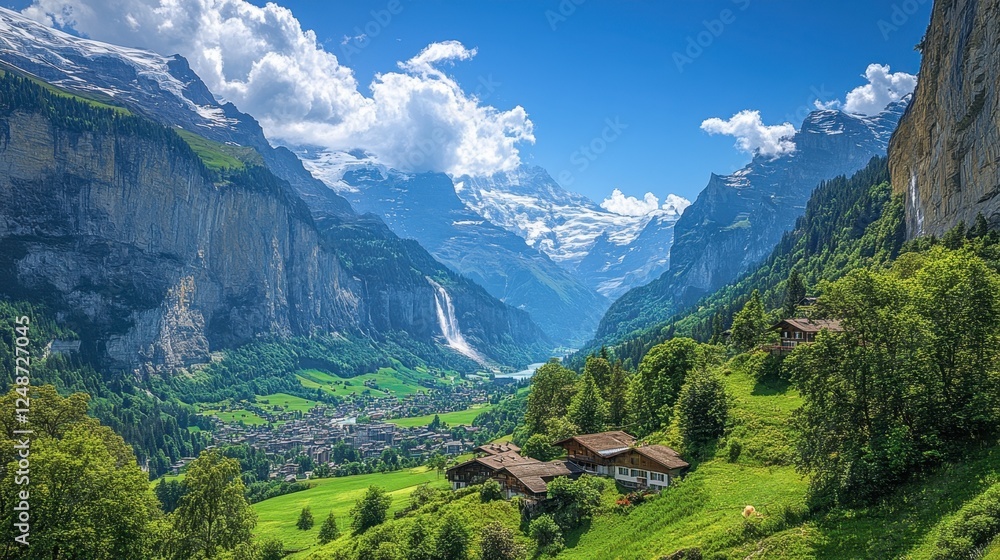 Obraz premium A scenic view of the Lauterbrunnen Valley with its dramatic waterfalls and alpine backdrop, perfect for hiking and adventure.