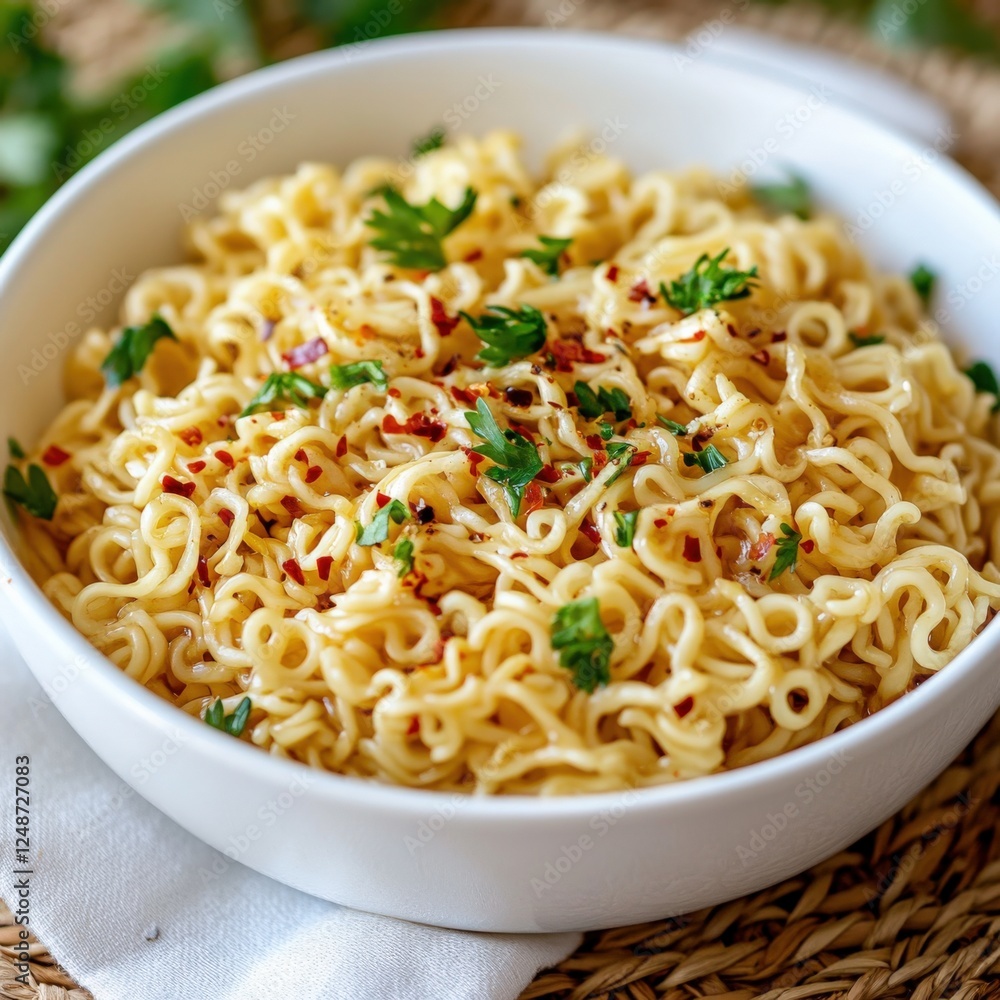 bowl of noodles topped with chili flakes and parsley on a woven placemat bowl of noodles topped with chili flakes and parsley on a woven placemat