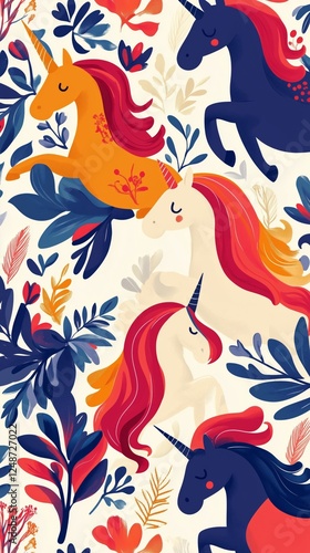 Colorful unicorns play among vibrant flowers in a whimsical design