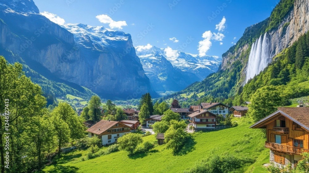 A serene view of the Lauterbrunnen Valley with cascading waterfalls and charming Swiss chalets in the foreground. A serene view of the Lauterbrunnen Valley with cascading waterfalls and charming Swiss chalets in the foreground.