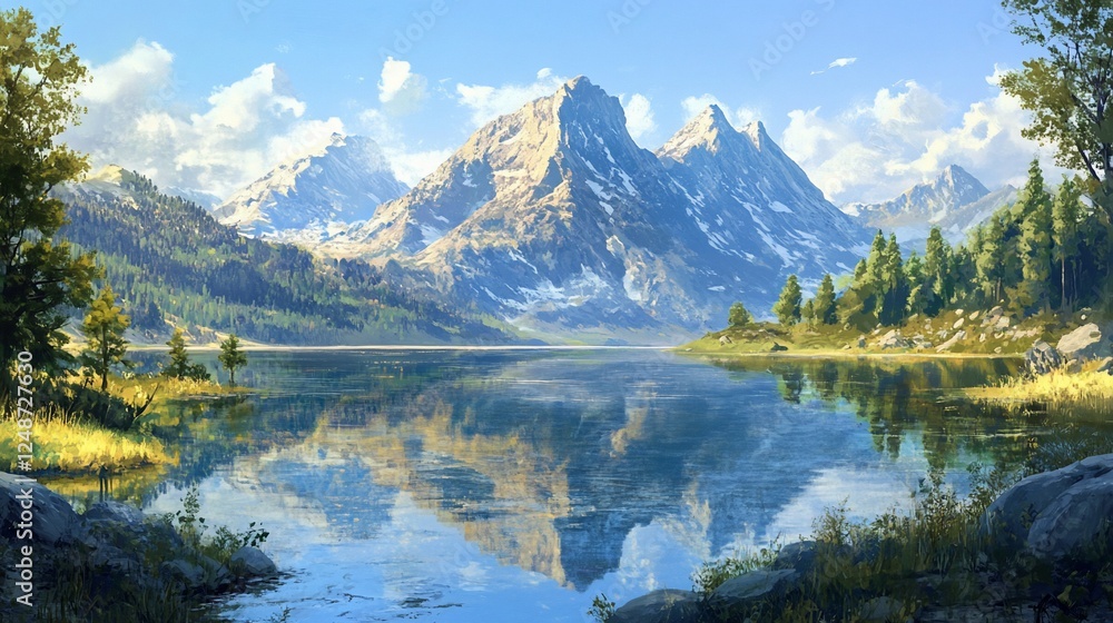 Fototapeta premium Majestic Mountain Lake Reflection, Sunny Day