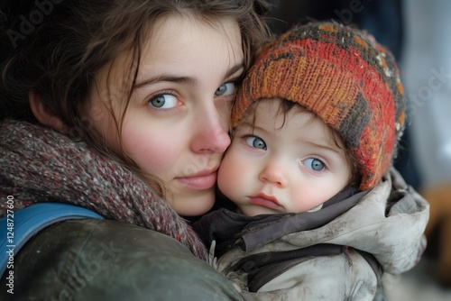 Mother holds child close in a warm embrace during a chilly day in a cozy outd...