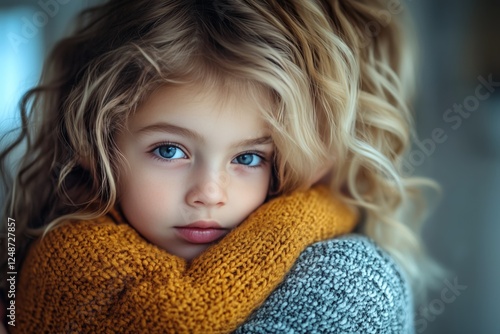 Young girl with curly hair hugs a parent warmly indoors in soft natural light...