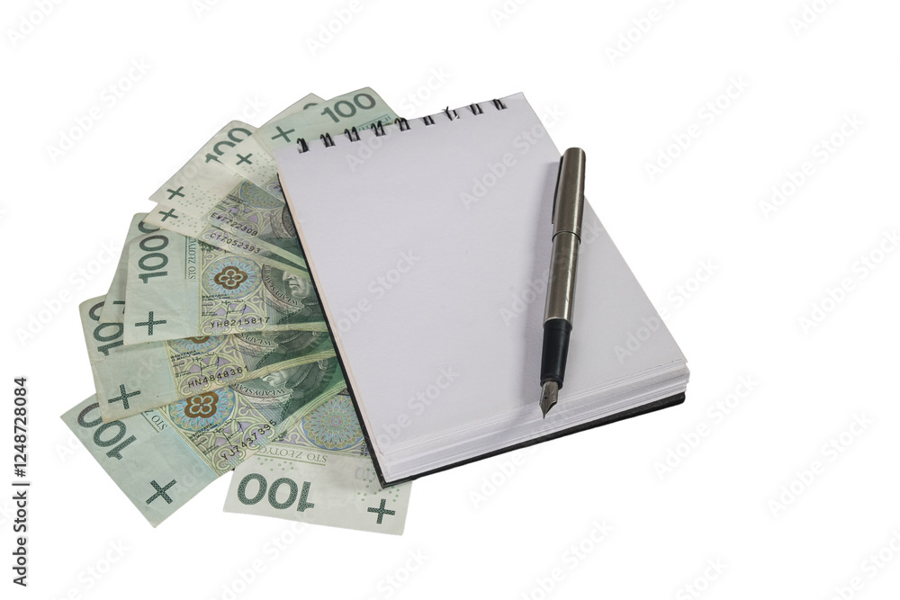 otwarty notes oraz pióro na tle banknotów bez tła