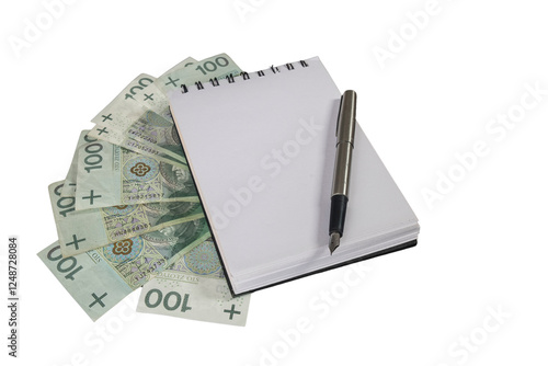 Obraz na płótnie otwarty notes oraz pióro na tle banknotów bez tła w salonie