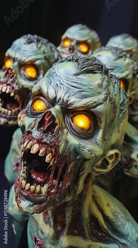Detailed zombie sculptures with glowing eyes create an eerie atmosphere in a ...